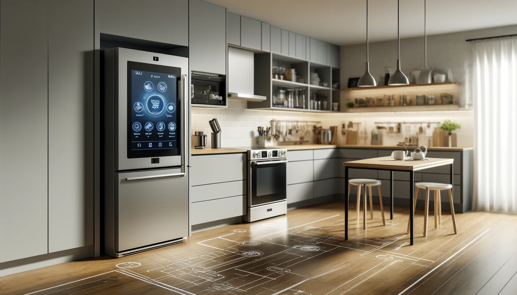 a modern kitchen equipped with various smart appliances, including a smart refrigerator with a touchscreen display, a smart oven, and smart plugs.